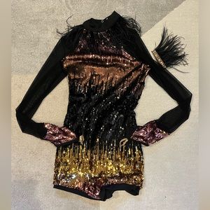 WEISSMAN Dance Costume sequin black rose gold biketard shorts long sleeve large